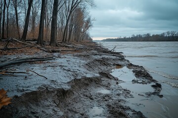 Muddy riverbank eroding showing pollution and climate change