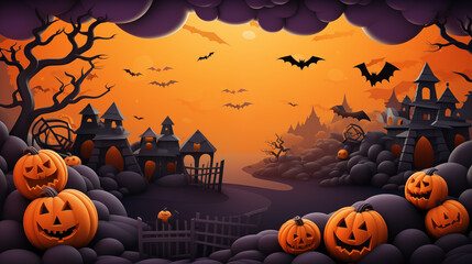 Illustration of Halloween holiday. Orange pumpkins, different scary decorations