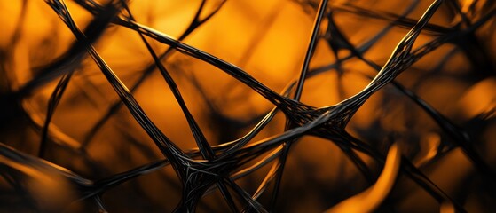 Abstract close-up of intertwined black strands against an orange background, creating a striking visual texture and depth.