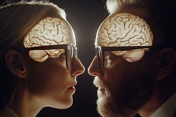 Wall Mural - Fashionable couple with illuminated brain headbands illustrating the stylish integration of intellect and personality