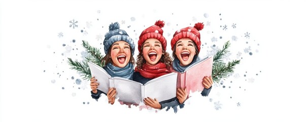 Wall Mural - carolers singing with joyful expressions, set against a white background