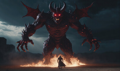 A lone warrior stands before a massive demon in a fiery wasteland