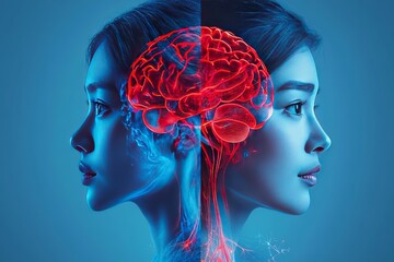 Poster - Artistic portrayal of a woman with a red brain silhouette reflecting the vibrant dynamics of her thoughts and emotions