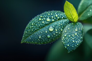 Wall Mural - A close-up shot of leaves with water droplets glistening in the sunlight.