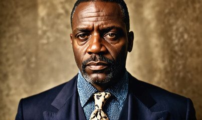 A man in a dark blue suit and blue patterned shirt, with a patterned tie, stares directly at the camera