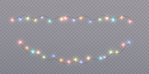 Wall Mural - Bright garlands with colorful shine. Christmas lights for holiday illustrations. Garlands of bright lights glow on a transparent background. Festive chain of lights.	
