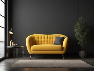 Wall Mural - Yellow Sofa in a Modern Living Room with Black Walls