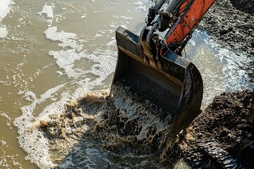 A dredging machine operates in a river, extracting material from the bottom. The machine’s arm is deep in the water