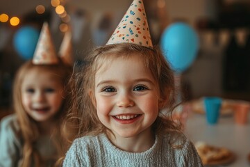 Young girl in party hat with balloons and decorations, celebrating birthday