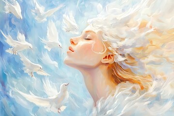 A serene woman surrounded by white doves against a blue sky, embodying peace and freedom in a dreamlike, artistic scene.