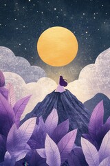 Wall Mural - beautiful illustration of a girl standing in the middle facing the moon with starry skies and a warm