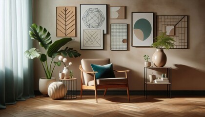 modern living room, mid-century furniture, cozy wooden armchair, teal cushion, geometric wall art, indoor plant, minimalist decor, soft natural light, Scandinavian style, elegant side table, neutral c