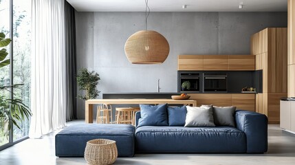 modern minimalist living room, sleek grey concrete walls, cozy blue sectional sofa, warm wooden accents, large wicker pendant light, natural light through sheer curtains, open-concept kitchen, contemp