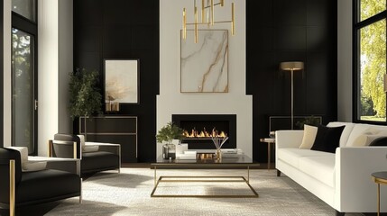 elegant modern living room, minimalist design, black and white color scheme, gold accents, fireplace, mid-century modern furniture, large window, natural light, high ceiling, cozy atmosphere, stylish 