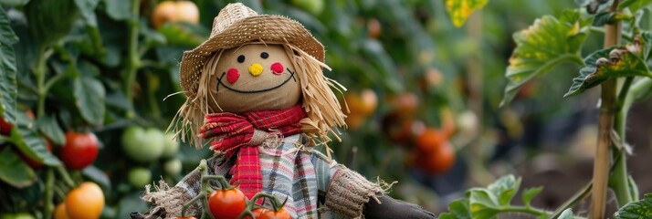 Sticker - Joyful and Grinning Scarecrow in a City Garden Surrounded by Strawberries and Tomatoes