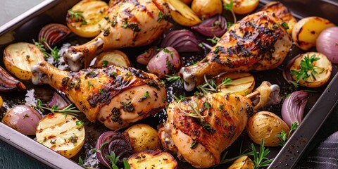 Wall Mural - Roasted chicken thighs with potatoes and onions presented on a baking sheet