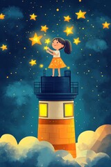 Wall Mural - an illustration of a cute happy little kid standing on top of a tower grabbing the stars on a peacef