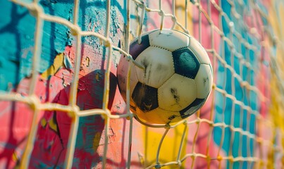 Soccer Ball in Goal. Multicolor Background. 