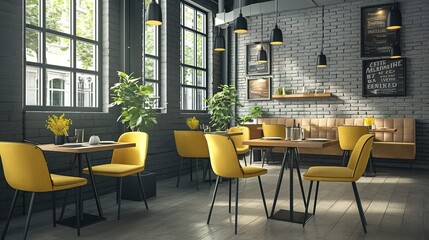 Modern cafe interior with gray brick walls, a wooden table and comfortable yellow armchairs near round tables. A poster. 3d rendering mock up