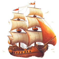 Vintage wooden pirate ship with billowing sails, isolated on transparent background.
