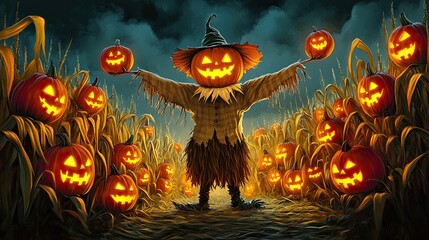 A friendly scarecrow with a pumpkin head, surrounded by glowing jack-o'-lanterns in a spooky cornfield, cartoonish design, warm autumn colors