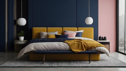 A modern bedroom with a mustard yellow headboard, a navy blue bed frame and a pink wall.  There are two white globe lights hanging from the ceiling.