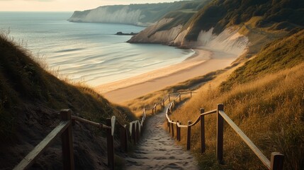 Wall Mural - Steps leading down to a serene beach nestled between lush green hills during golden hour light