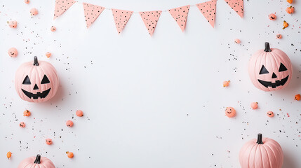 Wall Mural - Halloween themed background, pink Jack-o'-Lanterns, confetti, and festive bunting on a white copy space backdrop