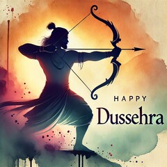 Wall Mural - Watercolor poster illustration for dussehra with lord rama silhouette.