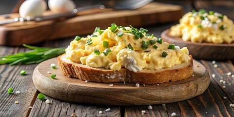 Wall Mural - Creamy eggs topped with cream cheese and a sprinkle of salt on a rustic background