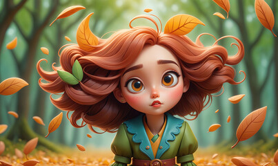 A young girl with brown hair and big eyes stands in a forest as leaves fall around her