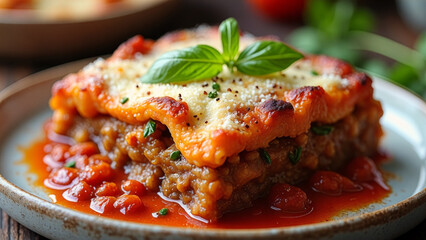 A plate of lasagna with a basil leaf on top