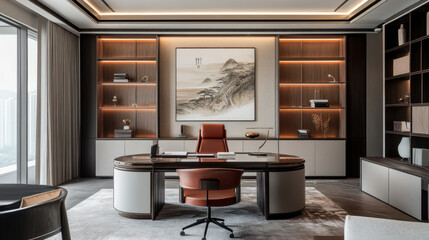 Poster - Elegant modern office with Chinese aesthetic influences, featuring traditional artwork