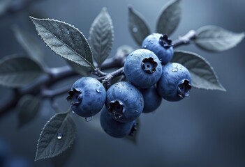 Ripe blueberries on a branch with leaves, covered in water droplets against a blurred blue background