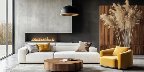 modern living room, minimalist design, cozy white sofa, mustard yellow armchair, wooden round coffee table, neutral tones, natural textures, large black pendant light, tall pampas grass, warm and invi