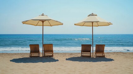 Serene Beachside Retreat: Two Umbrellas Casting Shadows on Wooden Loungers by Pristine Blue Ocean. Minimalist Summer Paradise Scene for Vacation Marketing, Travel Advertisements, and Relaxation Concep