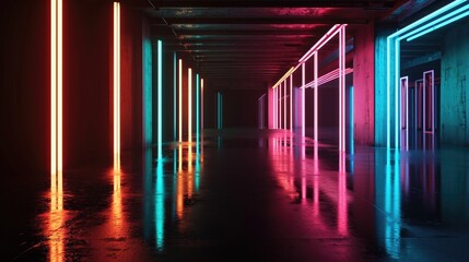 neon stage: abstract 3d render of dark room with colorful vertical lamps