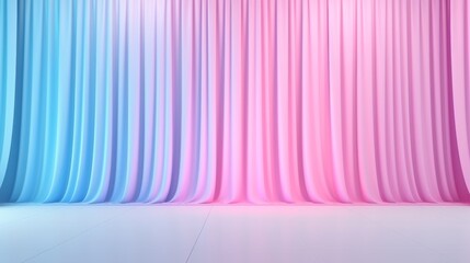 Wall Mural - A luxury, minimal studio features a podium against a backdrop of flowing pastel neon curtains in blue, pink, and yellow, ideal for presentations or events