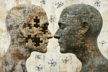 Sticker - Artistic profile of a couple with puzzle piece brains symbolizing the complexity of thought and connection