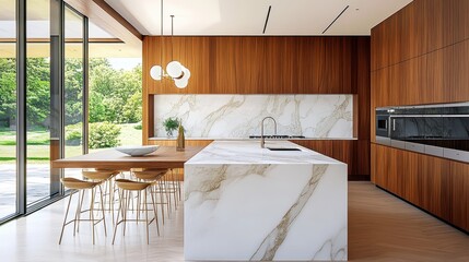 modern minimalist kitchen, marble countertops, wood accents, sleek design, natural lighting, open space, contemporary furniture, luxury interior, polished finish, stylish and elegant, high-end materia