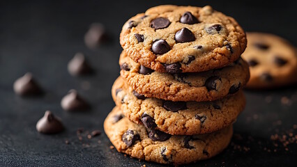 A stack of chocolate chip cookies with some loose chocolate chips around them, on a black table,space for text