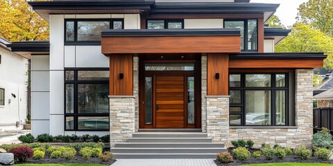 modern house exterior, sleek design, large wooden front door, stone columns, clean lines, contemporary architecture, landscaped front yard, white and brown facade, large windows, inviting entrance