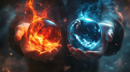 man holding two glowing orbs, one red and one blue