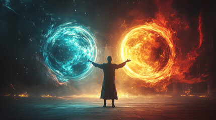 A man stands in front of two glowing orbs, one blue and one red