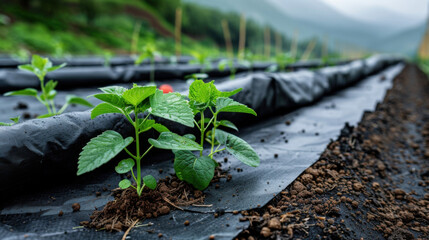 Canvas Print - Close-up of young green plants sprouting in rows on a farm, with a focus on healthy growth in fertile soil.