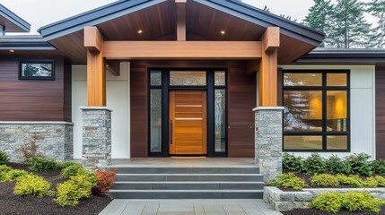 modern house exterior, sleek design, large wooden front door, stone columns, clean lines, contemporary architecture, landscaped front yard, white and brown facade, large windows, inviting entrance