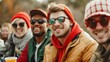 © Intelligent Horizons - A group of cheerful friends gathered outdoors celebrating game day traditions and rituals with vibrant winter accessories like hats scarves and sunglasses  They are smiling bonding