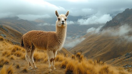 llama standing on mountain pasture with snowcapped peak in background