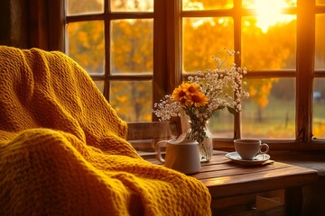 Poster - A yellow blanket sitting on top of a wooden table next to a window