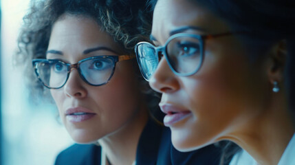 Focused close-up of two women in a professional setting, collaborating on